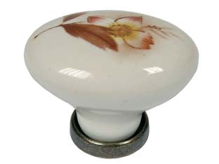 Pomoli ovali in porcellana mod.p02.01 avorio decoro fiore - mm.24x34x25h. - pomolo ovale in porcellana colore avorio con fiore, base ottone anticato