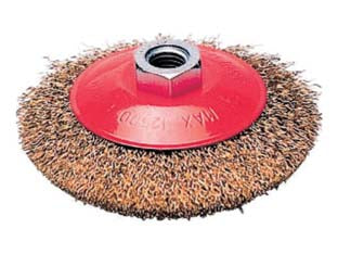 Spazzola circolare conica fili acciaio per smerigliatrice extra - ø mm.125 foro filettato 14 MA - fili acciaio ondulato mm.0,30, coppa rossa, in doppio blister