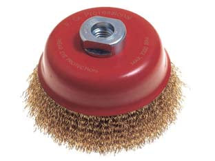 Spazzola a tazza fili acciaio per smerigliatrice extra - ø mm.75 foro filettato 14 MA - fili acciaio ondulato mm.0,30, coppa rossa, in doppio blister
