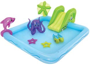 Piscina con giochi gonfiabile acquario fantastico +2 anni - cm.239x206x86h. - (art.53052) - play center con spruzzi, 1 scivolo gonfiabile e removibile, 1 delfino, 2 pesci e 1 polpo con anelli gonfiabili inclusi