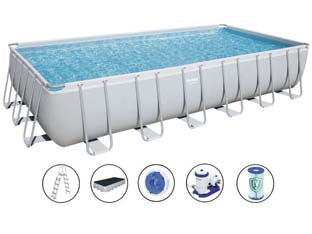 Piscina power steel rettangolare telaio portante cm.732x366x132h. -kg.171,7 -lt.30.045 -filtro cartuccia (art.56474) - telo è realizzato in PVC poliestere triplo strato, la struttura portante è composta da strutture in acciaio zincato e vernici...