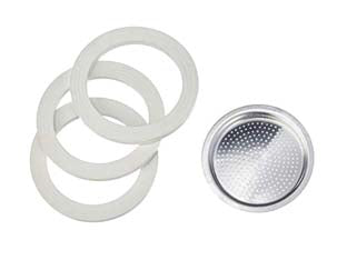 Set guarnizioni moka pz.3 + 1 filtro - 6 tazze - per caffettiere in alluminio Moka Express, Dama, Break, Fiammetta, Iris, Junior, Morenita e Brikka