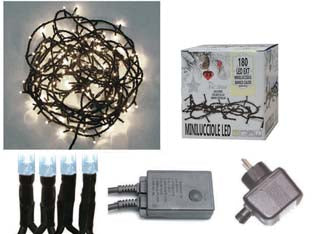 Minilucciole a led bianco freddo per esterno con gioco luci - 100 led - mt.5 + 4,95 - tensione 230v/50Hz, con motorino elettronico 8 giochi di luce, grado di protezione IP 44, confezionate in scatola illustrata