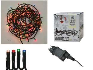 Minilucciole a led multicolor per esterno con gioco luci - 180 led - mt.5 + 8,95 - tensione 220-240V/50Hz, con spina SCHUKO, con motorino elettronico 8 giochi luce, grado di protezione IP44, confezionate in s...