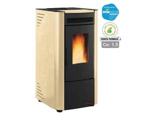 Stufa a pellet ketty evo 6,5 kw pergamena (conto termico) - misure cm.45,6x50,7x88,4h. - peso Kg.69 - 2,8, 7,4 Kw potenza termica globale, 2,5/6,5 Kw potenza nominale utile per mc.186 riscaldati , consumo 0,6/1,5 kg.h., capacit...