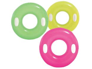 Salvagente gonfiabile neon con maniglie +8 anni - ø cm.76 - peso kg.0,31 (59258) - in vinile spessore mm. 0,20, con due maniglie, 3 colori neon assortiti viola, arancio e verde, portata max kg.40