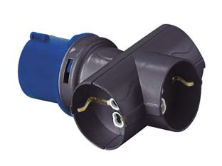 Adattatore industriale c/spina cee e tre prese schuko 10/16a bip ip20 - 16A colore blu - spina CEE 2 poli + terra 16A 220V , tre prese schuko 10/16A bipasso