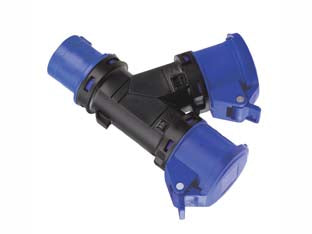 Adattatore industriale con spina cee e due prese cee ip44 - 16A colore blu - spina CEE 2 poli + terra 16A 220V , due prese CEE 2 poli + terra 16A 220V