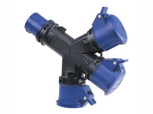 Adattatore industriale con spina cee e tre prese cee ip54 - 16A colore blu - spina CEE 2 poli + terra 16A 220V , tre prese CEE 2 poli + terra 16A 220V