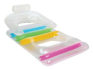 Poltrona gonfiabile kool lounge - cm.165x89 - peso Kg.1,330 (art. 43011) - realizzata in vinile, spessore plastica da mm.0,22, parte superiore trasparente multicolore, 2 comodi braccioli, 2 camere d'...