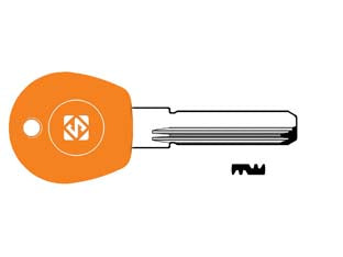Chiavi punzonate per cilindri moia 4+7+3 spine mo1rp - MO1RP - in ottone nichelato, profilo dorsato, testa plastica arancione, per cilindri di sicurezza