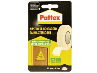 Pattex nastro biadesivo soffice - mm.25h in rotoli da mt.1,5 - nastro biadesivo soffice con supporto in polietilene espanso di colore bianco che presenta elevatissima tenuta ed ottima resi...