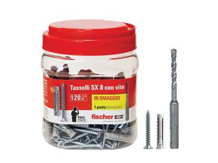 Tassello in nylon con vite promopack sx 8 s - ø mm.8x40 vite mm.5x50 conf.pz.90+30 omaggio - fornito con vite per truciolare in acciaio zinco cromato con testa svasata piana e impronta pozdrive, pz.1 punta SDS plus mm....