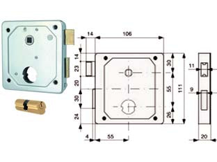 Serrat. applic. cancelli 2 mand. e scr. sep. + quadro cil. tondo 437 - mm.55 - cil. tondo ø mm.26x54 (27x27) (437.55.0) - scatola in acciaio zincato, catenaccio in ottone a 2 mandate con scrocco revesibile separato, quadro maniglia