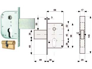 Serratura infil. canc. solo scr. c/disp. blocc.+ quadro cil. sag. 132 - mm.30 (132.30.0) - scatola e frontale in acciaio zincato, scrocco con dispositivo di bloccaggio, quadro maniglia passante, con cilindro sagomato...