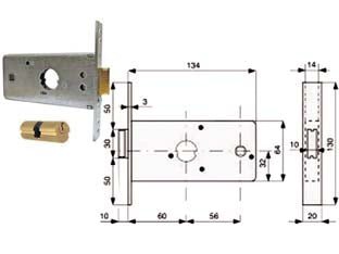 Serratura infilare per fasce caten. 1 mandata e scr. mm.64 h 288602 - mm.60 (288.60.2) - in acciaio zincato, con scatola e frontale da mm.20, catenaccio a 1 mandata con scrocco incorporato in ottone con richiamo tr...