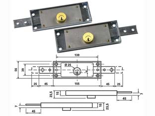 Serratura per serranda laterale a cilindro tondo fisso 1600 - DX (C-1610) - scatola e componenti in acciaio zincato antiruggine, catenaccio diritto, cilindro tondo fisso ø mm.25, in dotazione: 3 chiavi...