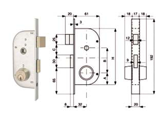 Serratura infil. cancelli 2 mand. e scr. sep. + quadro cil. fissi 147 - mm.32 (147.32.0) - scatola e frontale in acciaio zincato, catenaccio in ottone con scrocco separato a 2 mandate, quadro maniglia passante per az...