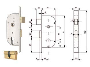 Serratura infil. cancelli 2 mand. e scr. sep. + quadro cil. sag. 148 - mm.32 (148.32.0) - scatola e frontale in acciaio zincato, catenaccio in ottone con scrocco separato a 2 mandate, quadro maniglia passante per az...