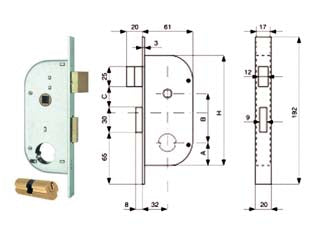 Serratura infil. cancelli 2 mand. e scr. sep. + quadro cil. tondo 149 - mm.32 (149.32.0) - scatola e frontale in acciaio zincato, catenaccio in ottone con scrocco separato a 2 mandate, quadro maniglia passante per az...