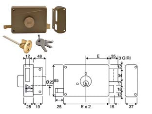Serratura da portoncino applicare c/pomolo cilindro staccato 3 mandate - mm.60 DX (330B) - scatola e bocchetta in acciaio verniciato, serratura da applicare per porte in legno, con pomolo interno, 3 mandate, cilindro...