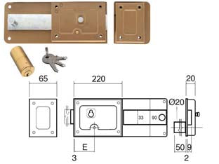 Ferroglietto applicare catenaccio 6 mandate cilindro fisso - mm.50 (270A) - scatola e bocchetta in acciaio verniciato, serratura a ferroglietto da applicare per porte in legno, con cilindro fisso, mand...