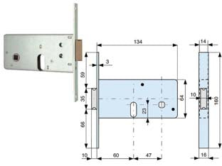 Serratura infilare profilati 2 mandate e scrocco mm.64 h 804 - mm.60 (804601) - in acciaio zincato, frontale da mm.16, catenacco in ottone a 2 mandate con scrocco, cilindro ovale mm.56 centrato (28x28) 018...