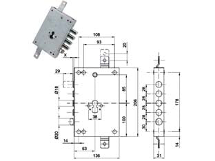 Serratura triplice applicare con scrocco cil. eur. blindate 50128 - mm.63, interasse catenacci mm.28 - in acciaio zincato, catenacci cromati, per cilindro europeo, scrocco reversibile ø 20 azionabile da chiave o maniglia, tripli...
