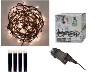 Minilucciole a led bianco caldo per esterno con gioco luci - 180 led - mt.5 + 8,95 - tensione 220-240V/50Hz, con spina SCHUKO, con motorino elettronico 8 giochi luce, grado di protezione IP44, confezionato in s...