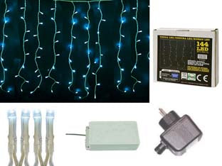 Tenda 144 led bianco freddo per esterno con gioco luci - mt.3 x 1,0 - tensione 230v/50Hz, con spina SCHUKO, grado di protezione IP44 , confezionate in scatola illustrata