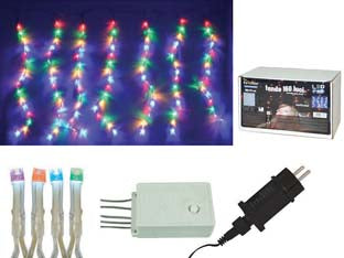 Tenda 160 led multicolor per esterno con gioco luci - mt.3 + 1,8 x 0,7 - 10 fili - tensione 220-250v/50Hz, con spina SCHUKO, grado di isolamento IP44 , confezionata in scatola illustrata