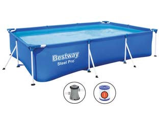 Piscina steel pro rettangolare telaio portante cm.300x201x66h. - kg.20,1 - lt.3.300 -filtro cartuccia (art.56411) - il telo è realizzato in PVC poliestere triplo strato, la struttura portante è composta da strutture in acciaio zincato e vern...