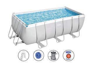 Piscina power steel rettangolare con telaio portante cm.412x201x122h. - kg.73,5 - lt.8.124 - filtro cartuccia(art.56456) - il telo è realizzato in PVC poliestere triplo strato, la struttura portante è composta da strutture in acciaio zincato e vern...