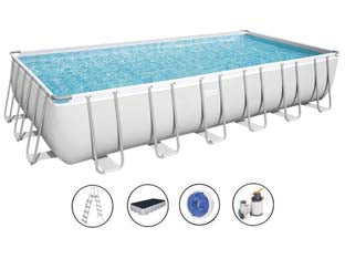 Piscina power steel rettangolare telaio portante cm.732x366x132h. -kg.171,1 - lt.30.045 - filtro sabbia (art.56475) - il telo è realizzato in PVC poliestere triplo strato, la struttura portante è composta da strutture in acciaio zincato e vern...