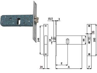 Elettroserratura da infilare per fasce mm.44 h 399 - mm.60 SX (399) - scatola e coperchio in acciaio zincato e plastificato, Frontale da mm.16x3x105 in acciaio nichelato e cromato, Scrocco in leg...