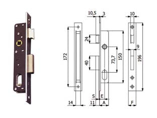 Serrature da infilare per montanti catenaccio e scrocco 350 - mm.15 interasse mm.73.7 (350) - scatola e coperchio in acciaio zincato e plastificato, frontale da mm.16x2x260 in acciaio nichelato e cromato, catenaccio in ...