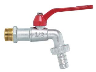 Rubinetto a sfera con maniglia a leva - M 3/4' con portagomma F 1' - corpo e portagomma in ottone, maniglia a leva in alluminio, temperatura di esercizio da -20°C a +90°C, pressione esercizio 15...