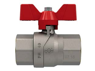 Valvola a sfera f/f con maniglia a farfalla evolution - FF 3/4' - pressione esercizio 40 bar - corpo in ottone nichelato, con maniglia a farfalla in alluminio verniviata rossa, attacchi filettati femmina/femmina, tempera...