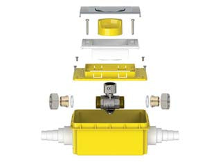 Valvola a sfera da incasso gas-box a saldare - codoli ø mm.14 - corpo in ottone con attacco 3/4' completa di 2 kit attacco a saldare in ottone, manopola a scomparsa e portina cromata, box i...