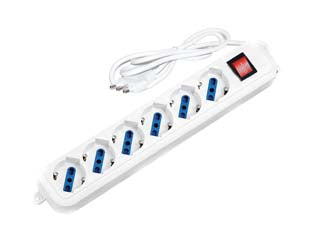Multipresa lineare 6 posti con schuko e con interruttore - spina da 16A, con 6 prese schuko + bipasso, cavo da 3x mmq.1 lunghezza mt.1,5 colore bianco, portata massima 3500W