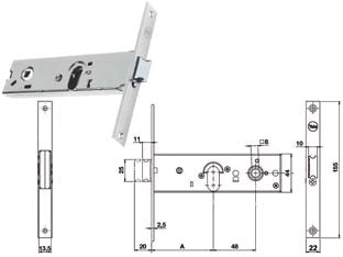 Serratura da infilare per fasce catenaccio e scrocco mm.44 h 87500 - mm.70 a 1 mandata (Y8750070080) - per fascia stretta, frontale in acciaio inox, scatola in acciaio zincato, catenaccio con scrocco incorporato reversibile con ...