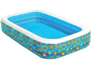 Piscina gonfiabile family rettangolare 3 anelli +6 anni - cm.305x183x56h. - peso kg.8 (art.54121) - realizzata in vinile NP, spessore plastica mm.0,32, costruzione molto robusta, valvola per scarico aria rapido, capienza d'ac...