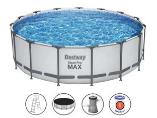 Piscina steel pro max tonda telaio portante cm.457x122h. - kg.65,3 - lt.16.015 -filtro cartuccia(art.56438) - il telo è realizzato con tre strati sovrapposti in PVC, la struttura portante è composta da strutture in acciaio zincato e ve...