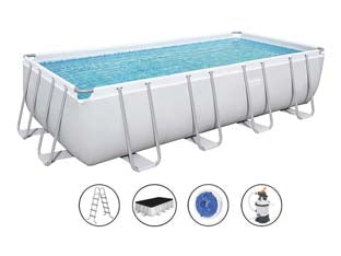Piscina power steel rettangolare telaio portante cm.488x244x122h. - kg.100,1- lt.11.532 - filtro sabbia (art.56671) - il telo è realizzato in PVC poliestere triplo strato, la struttura portante è composta da strutture in acciaio zincato e vern...
