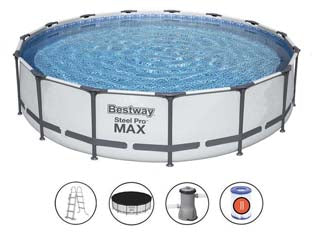Piscina steel pro max tonda telaio portante cm.457x107h. - kg.57,2 -lt.14.970 -filtro cartuccia (art.56488) - il telo è realizzato in PVC poliestere triplo strato, la struttura portante è composta da strutture in acciaio zincato e vern...