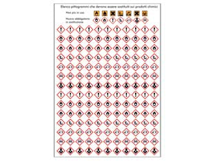 154 etichette adesive nuovi pittogrammi per prodotti chimici - 22 etichette adesive per 7 pittogrammi diversi su foglio A4