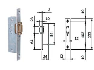 Serratura infilare montanti solo rullo 764 - frontale mm.16 (764001) - a scatola zincata aperta, frontale in acciaio cromato, rullo regolabile