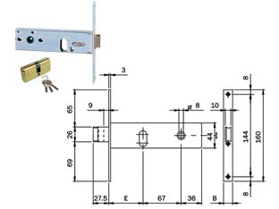 Serratura da infilare per fasce catenaccio e scrocco mm.44 h 704 - mm.60 - frontale mm.20 (704602S) - chiusura laterale, scatola zincata, catenaccio mandata mm.9 con scrocco incorporato, richiamo scrocco con chiave o quadro man...