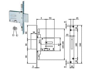 Serrature da infilare doppia mappa triplice 663301 - mm.60 (663301604) - chiusura triplice, raccordo per aggancio aste M8 premontato, doppia mappa, scatola zincata -frontale zincato mm.240x25x23, ca...