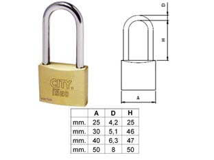 Lucchetto ottone arco lungo aditus city p700 - mm.30 KA (P70030467.K1) - corpo monoblocco in ottone satinato e verniciato, arco in acciaio temperato e cromato, dotazione 2 chiavi